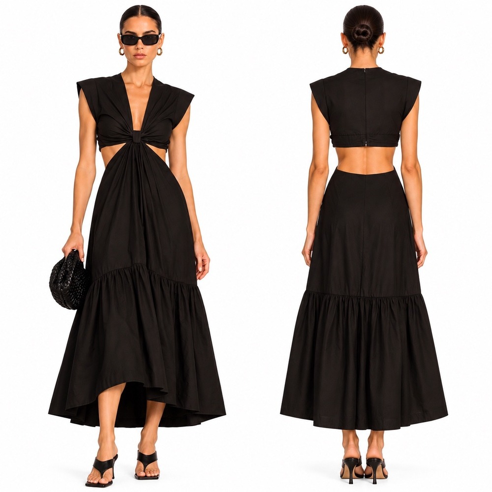 A.L.C. Alexandria Dress Black Cutout Tiered Midi V-Neck Sleeveless Size 0